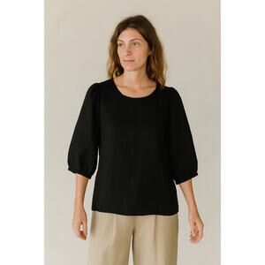 Ali Golden Black Long Sleeve Puff Shoulder Blouse Small Linen Shirt Top